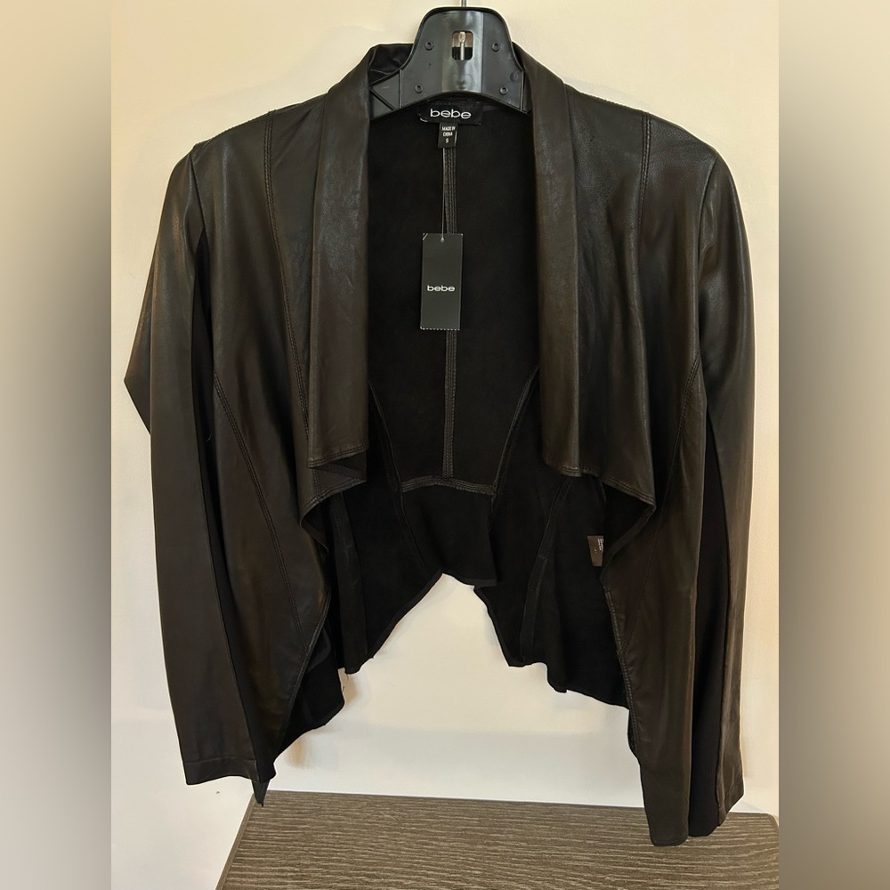 ✨ Bebe Black Draped Leather Jacket – Size S ✨